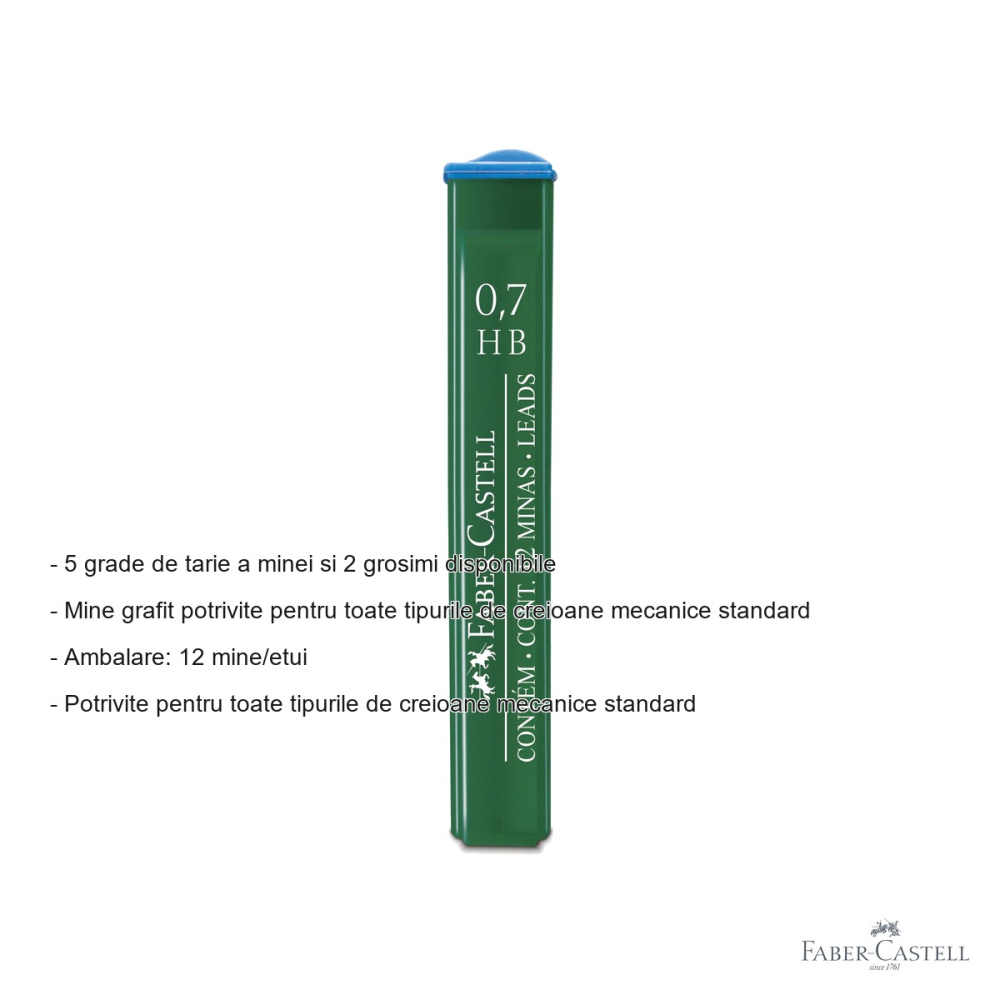 Mine creion mecanic Faber-Castell, 0.7 mm, duritate HB, polymer, set 12 bucati, pentru uz scolar si profesional [2]