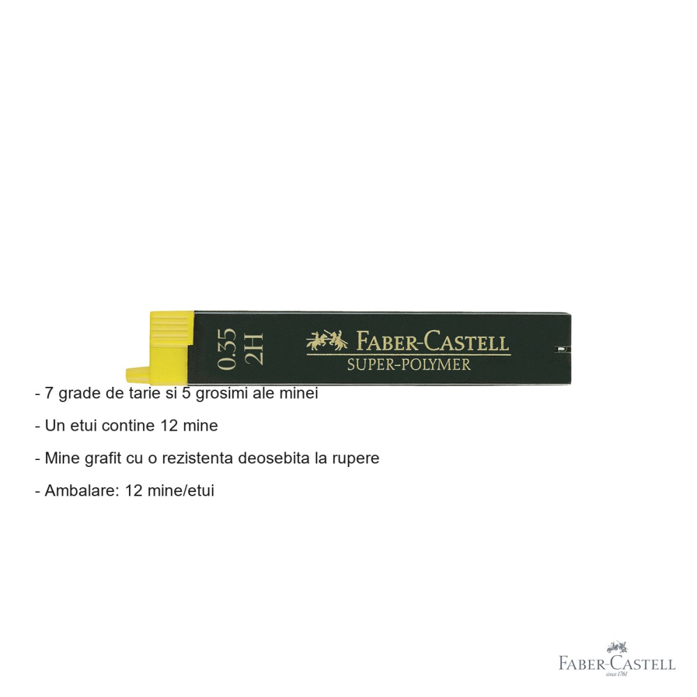 Mine creion mecanic Faber-Castell Super-Polymer 0.35 mm, duritate 2H, rezistenta la rupere, set 12 bucati [2]