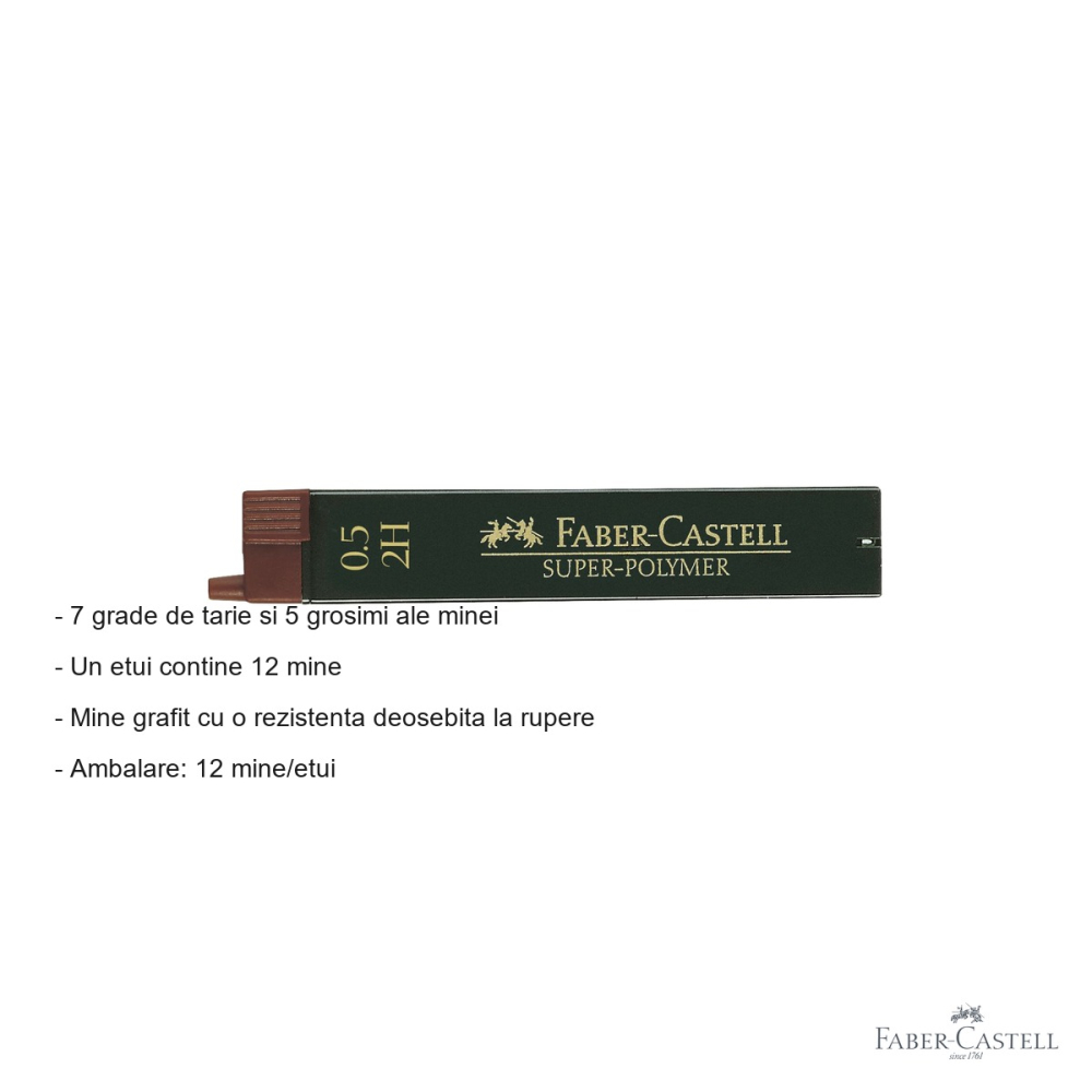 Mine creion mecanic Faber-Castell Super-Polymer 0.5 mm, duritate 2H, set 12 bucati, pentru uz tehnic si desen precis [2]