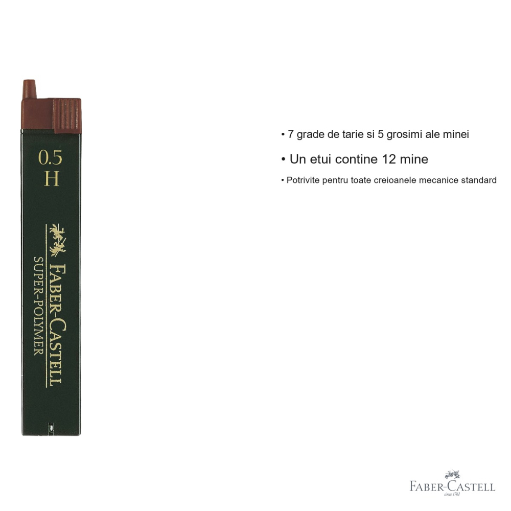 Mine creion mecanic Faber-Castell Super-Polymer 0.5 mm duritate H, rezistenta la rupere, 12 mine/etui [3]