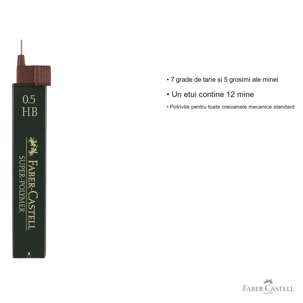 Mine creion mecanic Faber-Castell Super-Polymer 0.5 mm HB, rezistenta la rupere, 12 bucati/etui [3]