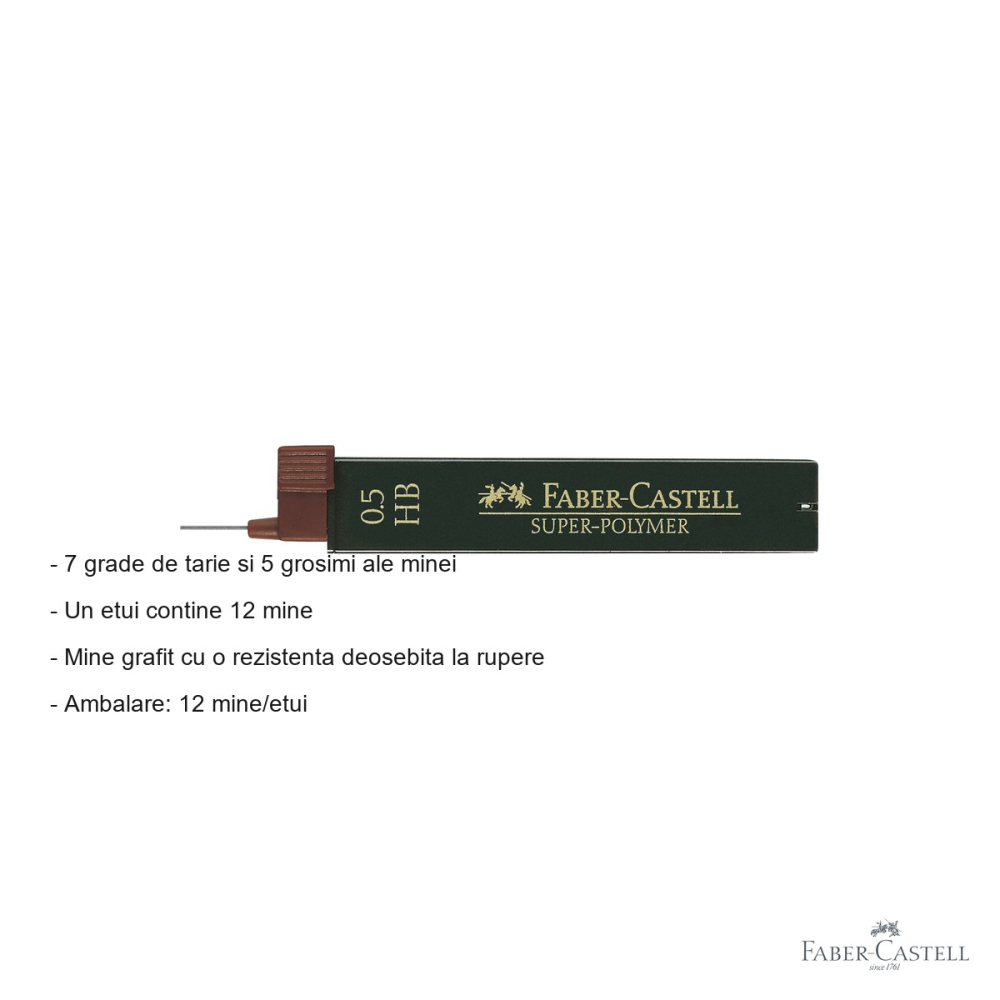 Mine creion mecanic Faber-Castell Super-Polymer 0.5 mm HB, rezistenta la rupere, 12 bucati/etui [2]