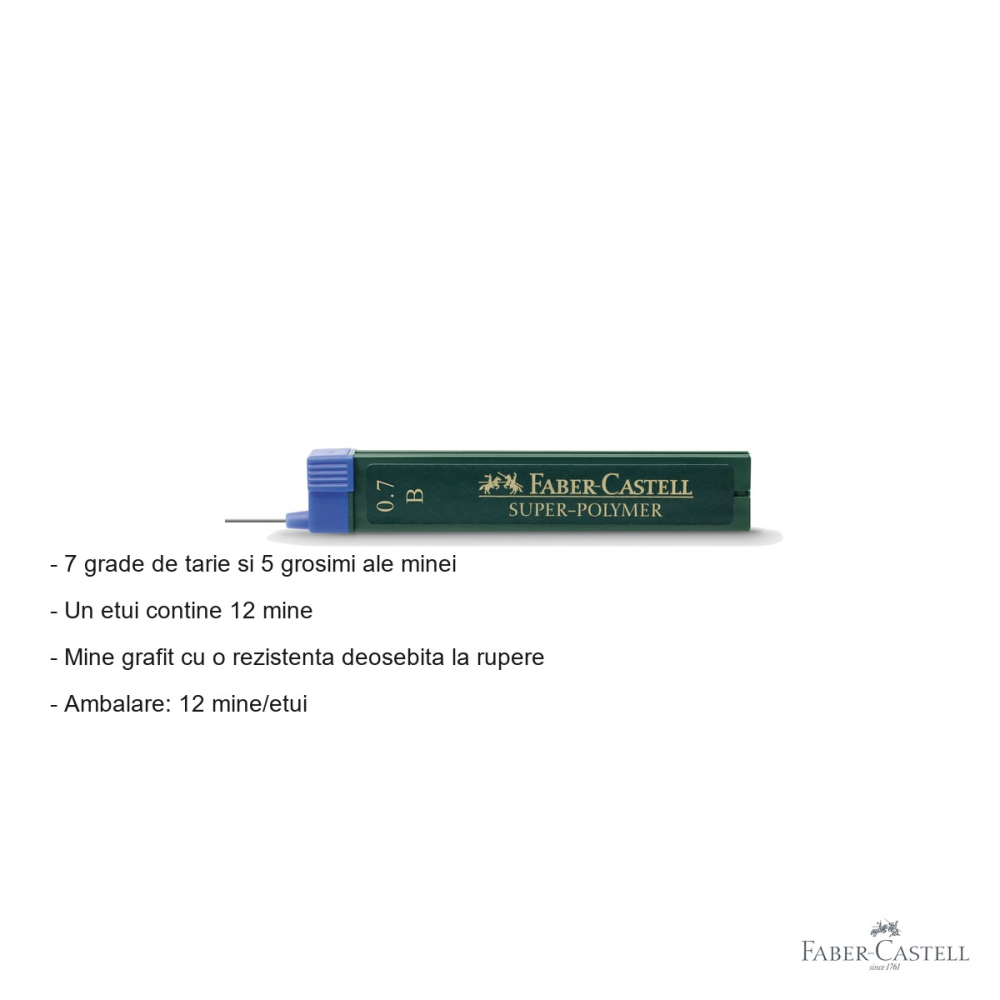Mine creion mecanic Faber-Castell Super-Polymer 0.7mm duritate B, rezistenta la rupere, 12 bucati/etui [2]