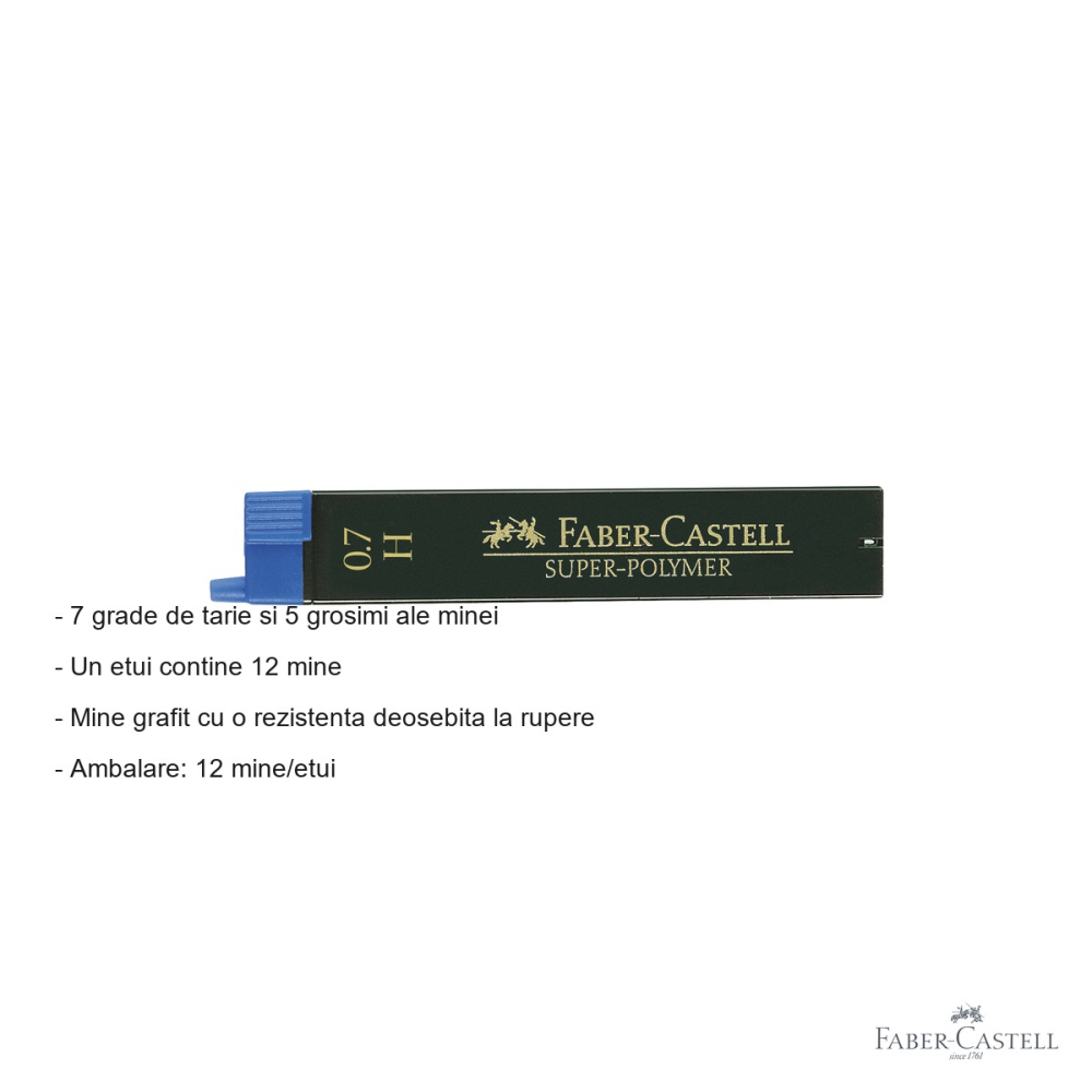 Mine creion mecanic Faber-Castell Super-Polymer 0.7mm, duritate H, rezistenta la rupere, 12 buc/etui [2]