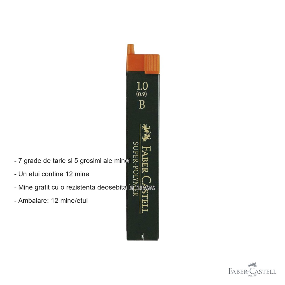 Mine creion mecanic Faber-Castell Super-Polymer 0.9mm duritate B, rezistenta la rupere, 12 bucati/etui [2]