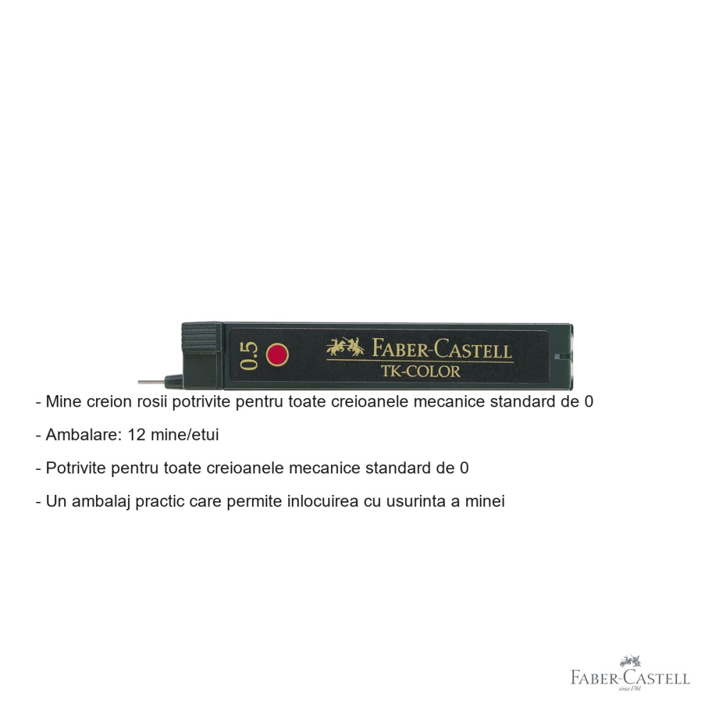 Mine creion mecanic Faber-Castell TK-Color 0.5 mm rosii, rezistente la rupere, 12 bucati/etui [2]