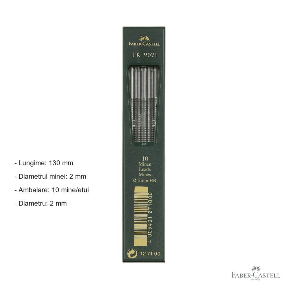 Mine creion mecanic Faber-Castell TK, grafit HB 2mm, 130mm, set 10 bucati, pentru creioane TK 4600/9400/9500 [2]
