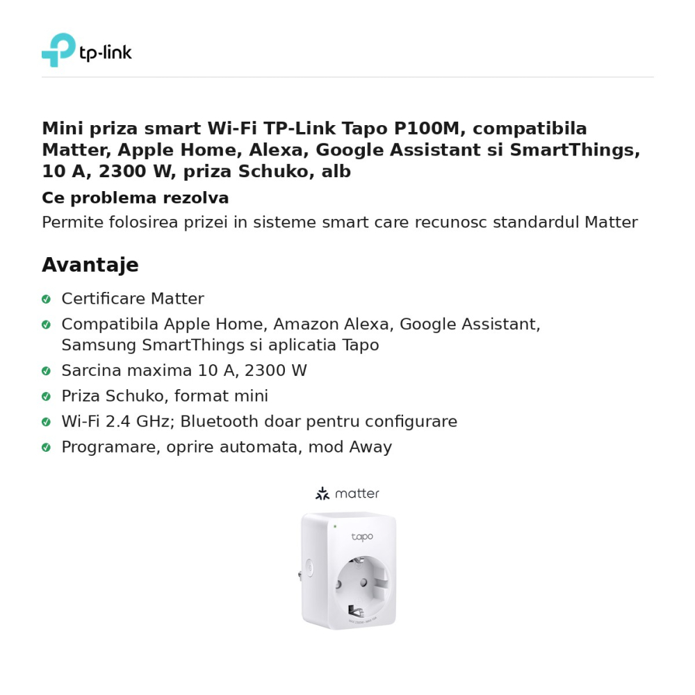 Mini priza smart Wi-Fi TP-Link Tapo P100M, compatibila Matter, Apple Home, Alexa, Google Assistant si SmartThings, 10 A, 2300 W, priza Schuko, alb [2]