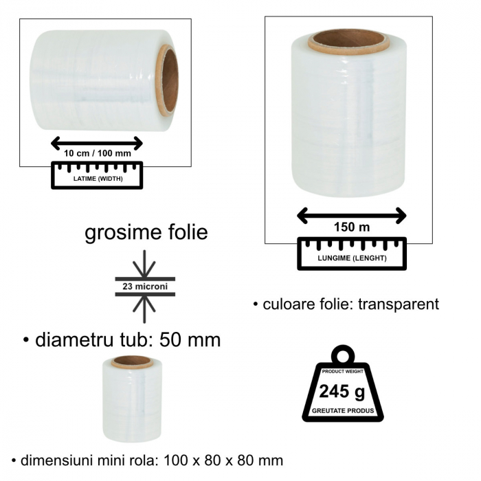 Mini rola 245g folie stretch elastica, 10 cm latime, lungime 150 m, PR-9340-W, pentru ambalare, transparenta [3]