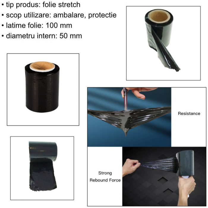 Mini rola 253g folie stretch elastica, PR-9389-BK, 10 cm latime, lungime 150 m, pentru ambalare, neagra [5]
