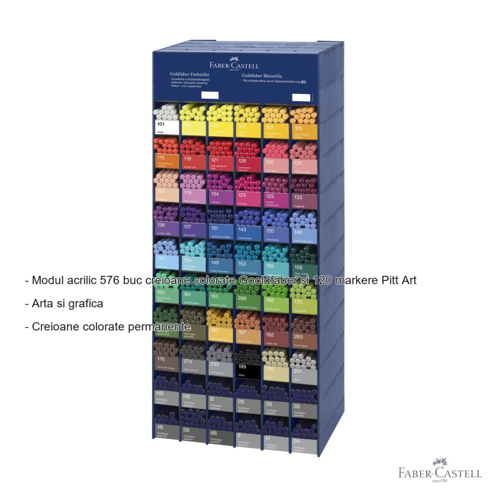 Modul acrilic Faber-Castell cu 576 creioane colorate Goldfaber si 120 markere Pitt Artist Pen, set profesional complet [2]