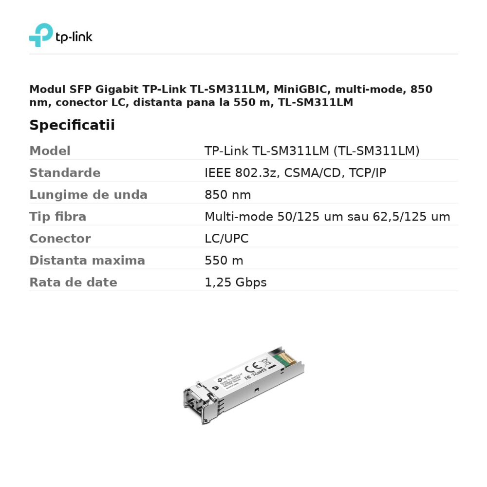 Modul SFP Gigabit TP-Link TL-SM311LM, MiniGBIC, multi-mode, 850 nm, conector LC, distanta pana la 550 m, TL-SM311LM [3]