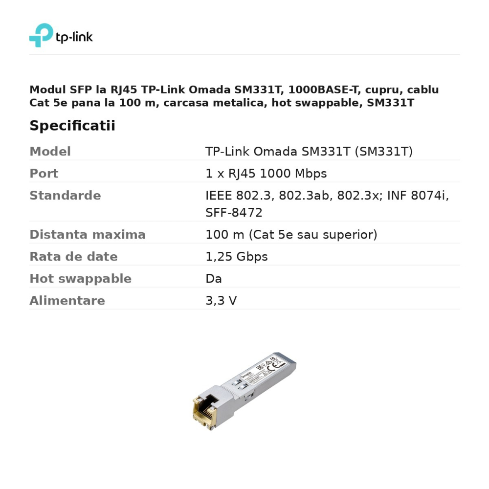 Modul SFP la RJ45 TP-Link Omada SM331T, 1000BASE-T, cupru, cablu Cat 5e pana la 100 m, carcasa metalica, hot swappable, SM331T [3]