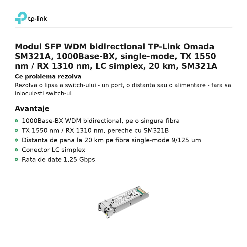 Modul SFP WDM bidirectional TP-Link Omada SM321A, 1000Base-BX, single-mode, TX 1550 nm / RX 1310 nm, LC simplex, 20 km, SM321A [2]