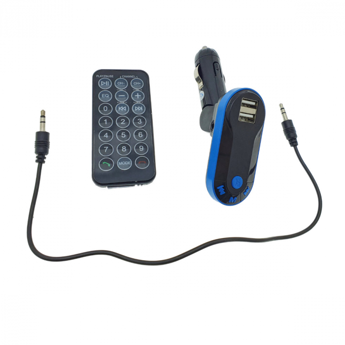 Modulator FM auto, Bluetooth Handsfree, player MP3 de pe suport USB si microSD, incarcare USB, AUX jack 3.5mm, negru cu albastru [3]