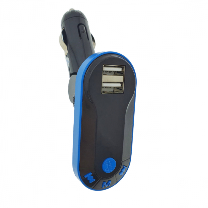 Modulator FM auto, Bluetooth Handsfree, player MP3 de pe suport USB si microSD, incarcare USB, AUX jack 3.5mm, negru cu albastru [1]