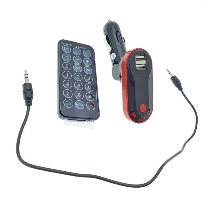Modulator FM auto, Bluetooth Handsfree, player MP3 USB si microSD, incarcare USB, AUX jack 3.5mm, negru cu rosu [3]