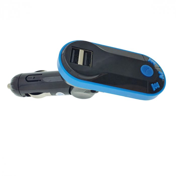 Modulator FM auto, Bluetooth Handsfree, player MP3 USB si microSD, telecomanda, incarcare USB, AUX jack 3.5mm, negru cu albastru [2]