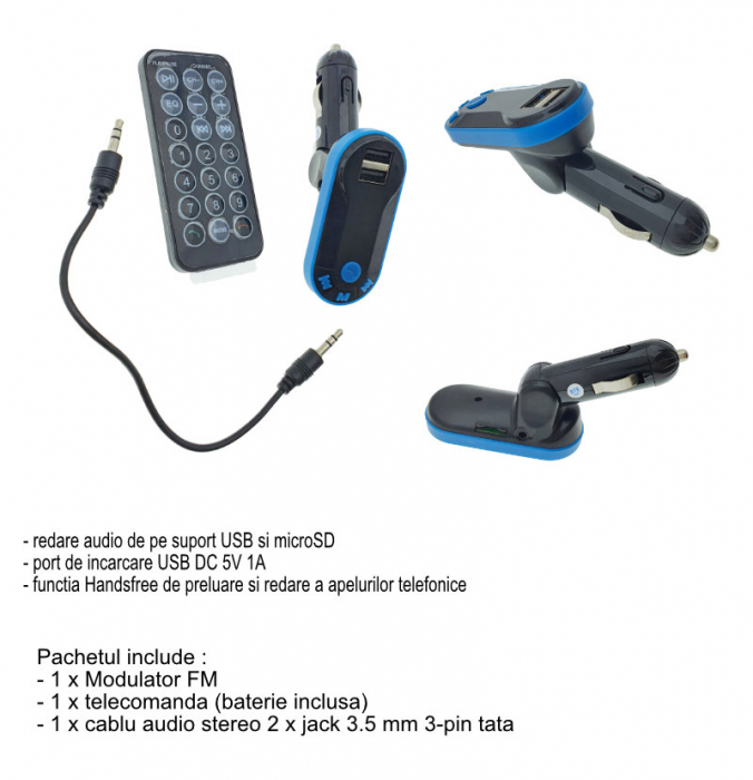 Modulator FM auto, Bluetooth Handsfree, player MP3 USB si microSD, telecomanda, incarcare USB, AUX jack 3.5mm, negru cu albastru [6]