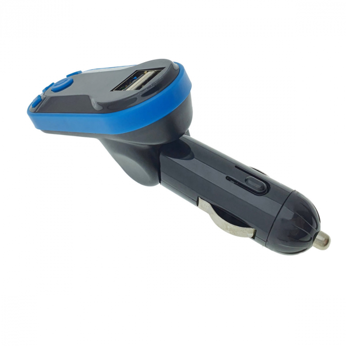 Modulator FM auto, Bluetooth Handsfree, player MP3 USB si microSD, telecomanda, incarcare USB, AUX jack 3.5mm, negru cu albastru [5]