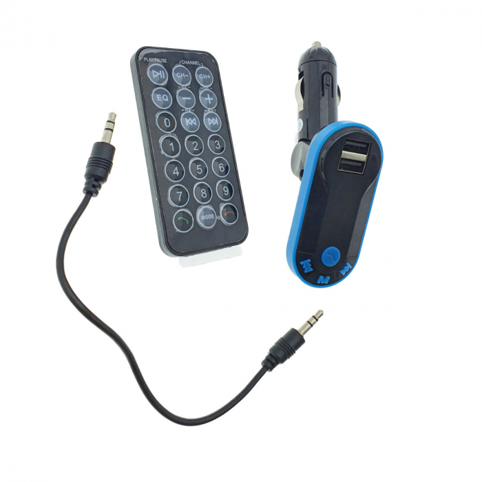 Modulator FM auto, Bluetooth Handsfree, player MP3 USB si microSD, telecomanda, incarcare USB, AUX jack 3.5mm, negru cu albastru [3]