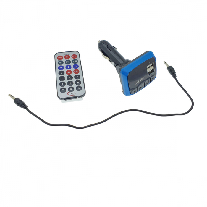 Modulator FM auto, player MP3 si WMA cu port USB si microSD, incarcare USB 2A, AUX jack 3.5mm, negru cu albastru [3]