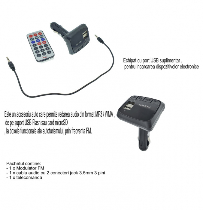 Modulator FM auto, player MP3 / WMA cu port USB si microSD, incarcare USB 2A, AUX jack 3.5mm, negru [4]