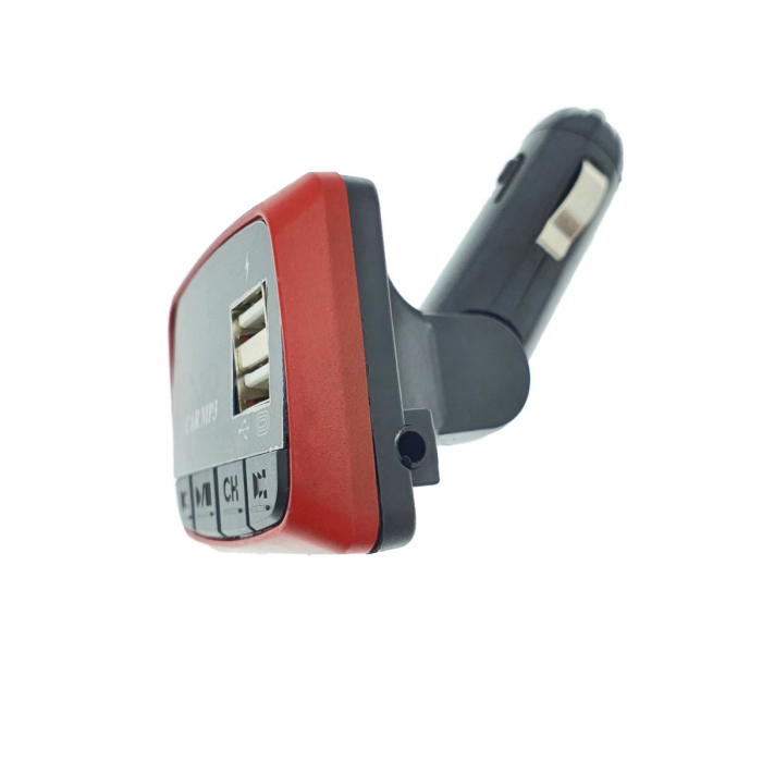 Modulator FM auto, player MP3 / WMA cu port USB si microSD, incarcare USB 2A, AUX jack 3.5mm, negru cu rosu [4]