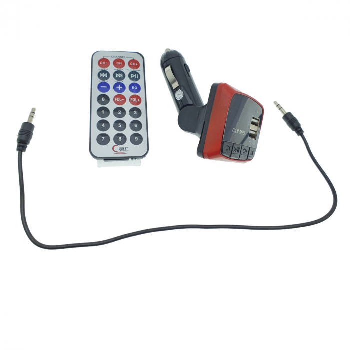 Modulator FM auto, player MP3 / WMA cu port USB si microSD, incarcare USB 2A, AUX jack 3.5mm, negru cu rosu [2]