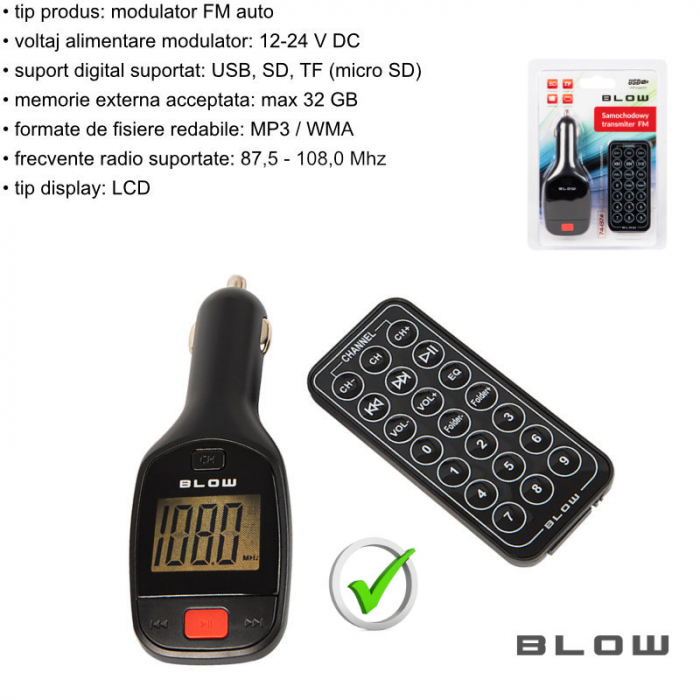 Modulator si transmitator FM auto, Blow 07355, cu telecomanda, ecran LCD, suport SD si USB, 12-24V, negru [6]