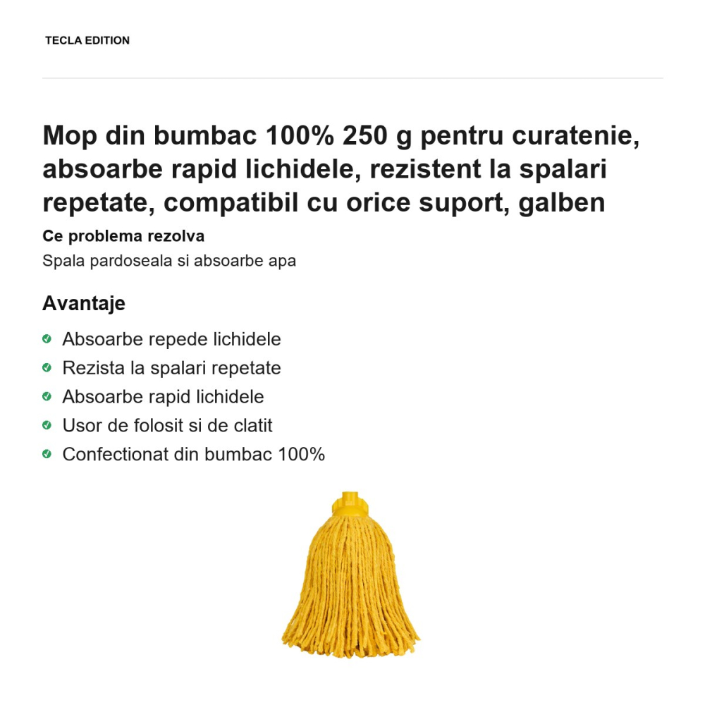 Mop din bumbac 100% 250 g pentru curatenie, absoarbe rapid lichidele, rezistent la spalari repetate, compatibil cu orice suport, galben [2]