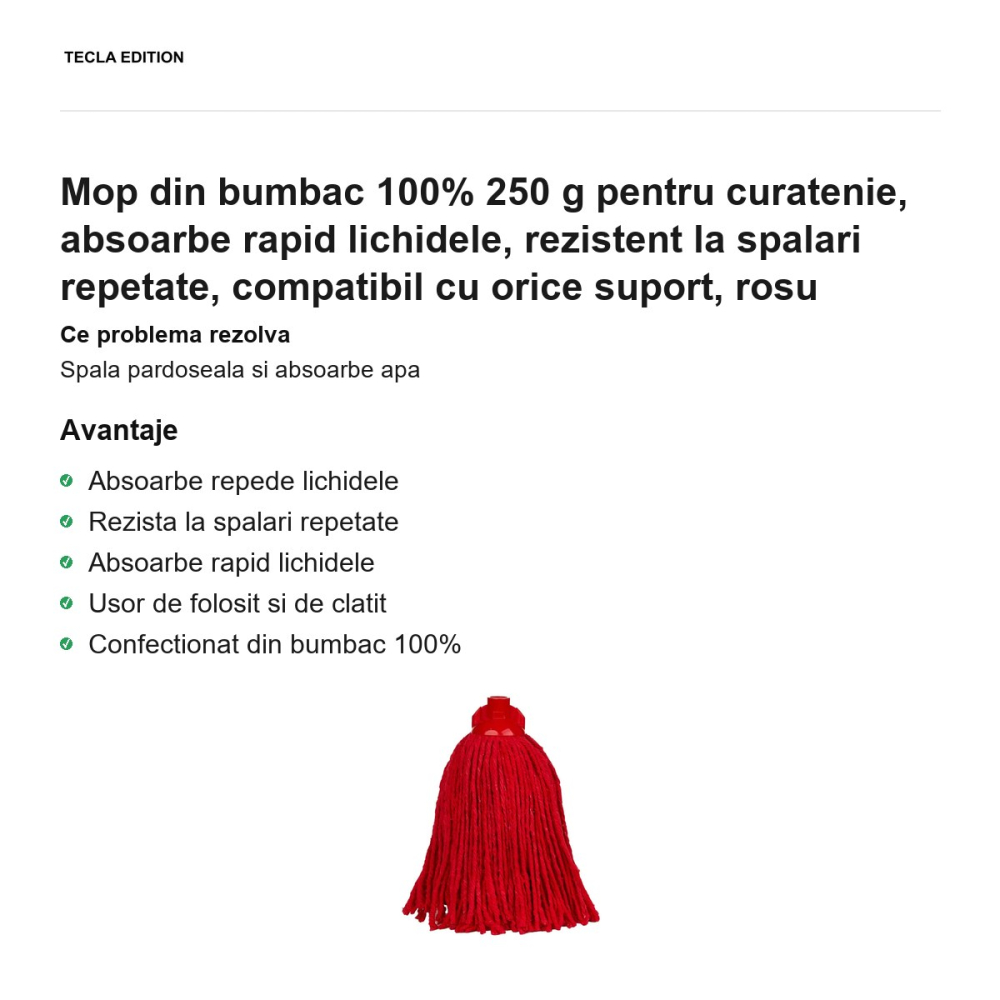 Mop din bumbac 100% 250 g pentru curatenie, absoarbe rapid lichidele, rezistent la spalari repetate, compatibil cu orice suport, rosu [2]
