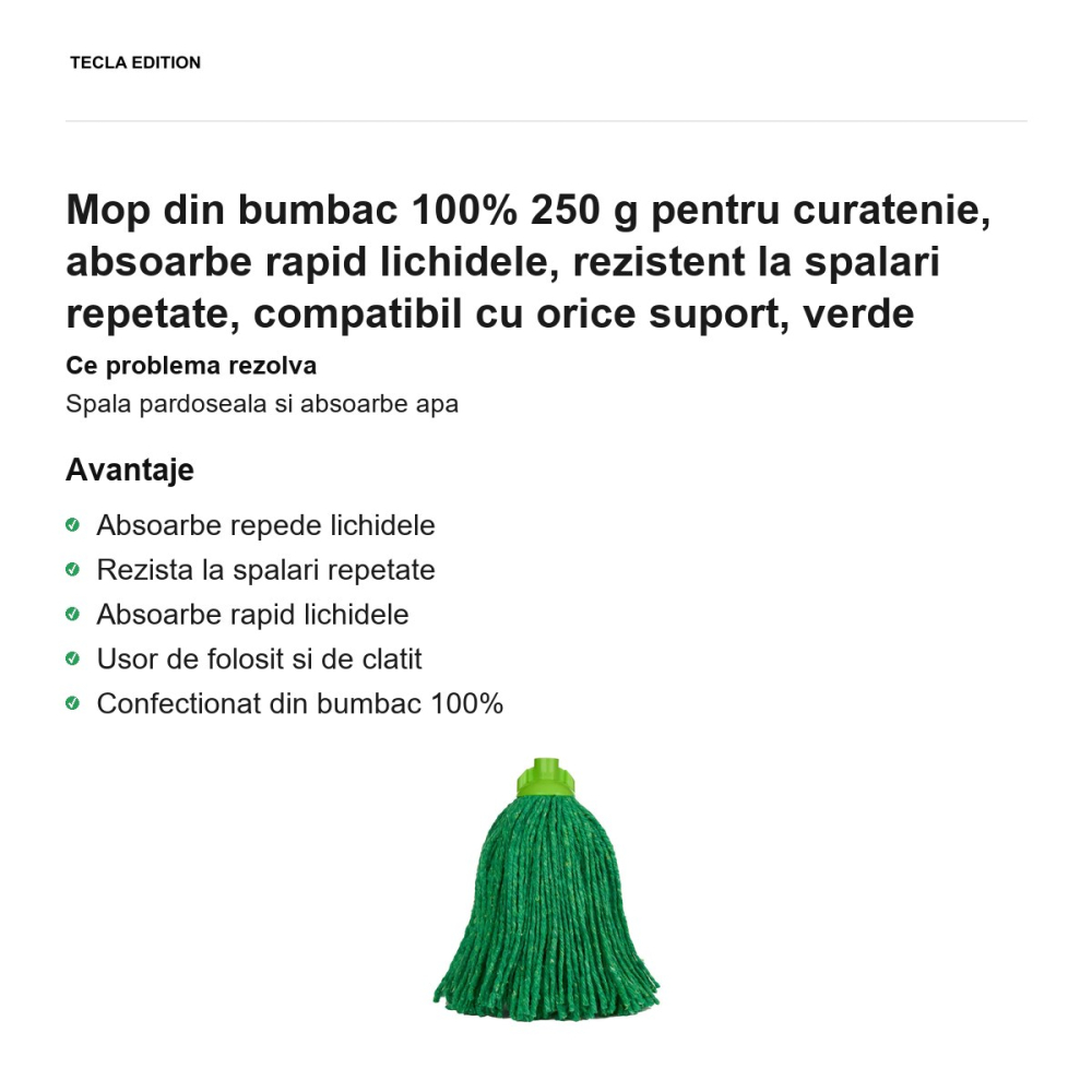 Mop din bumbac 100% 250 g pentru curatenie, absoarbe rapid lichidele, rezistent la spalari repetate, compatibil cu orice suport, verde [2]