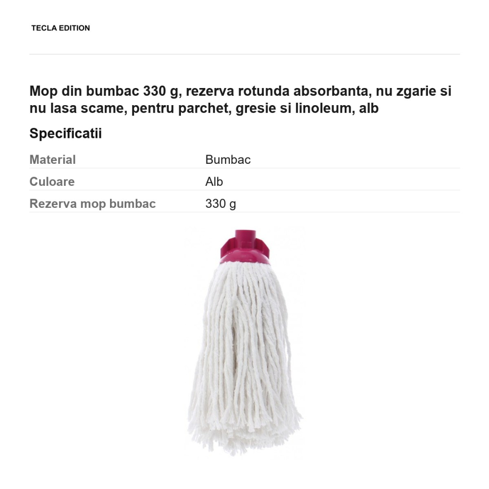 Mop din bumbac 330 g, rezerva rotunda absorbanta, nu zgarie si nu lasa scame, pentru parchet, gresie si linoleum, alb [3]