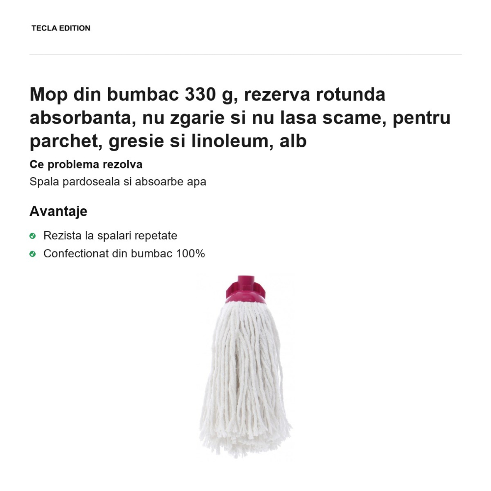 Mop din bumbac 330 g, rezerva rotunda absorbanta, nu zgarie si nu lasa scame, pentru parchet, gresie si linoleum, alb [2]