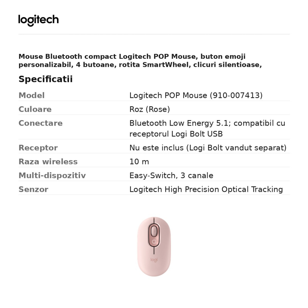 Mouse Bluetooth compact Logitech POP Mouse, buton emoji personalizabil, 4 butoane, rotita SmartWheel, clicuri silentioase, Easy-Switch 3 dispozitive, 1 baterie AA, roz, 910-007413 [3]