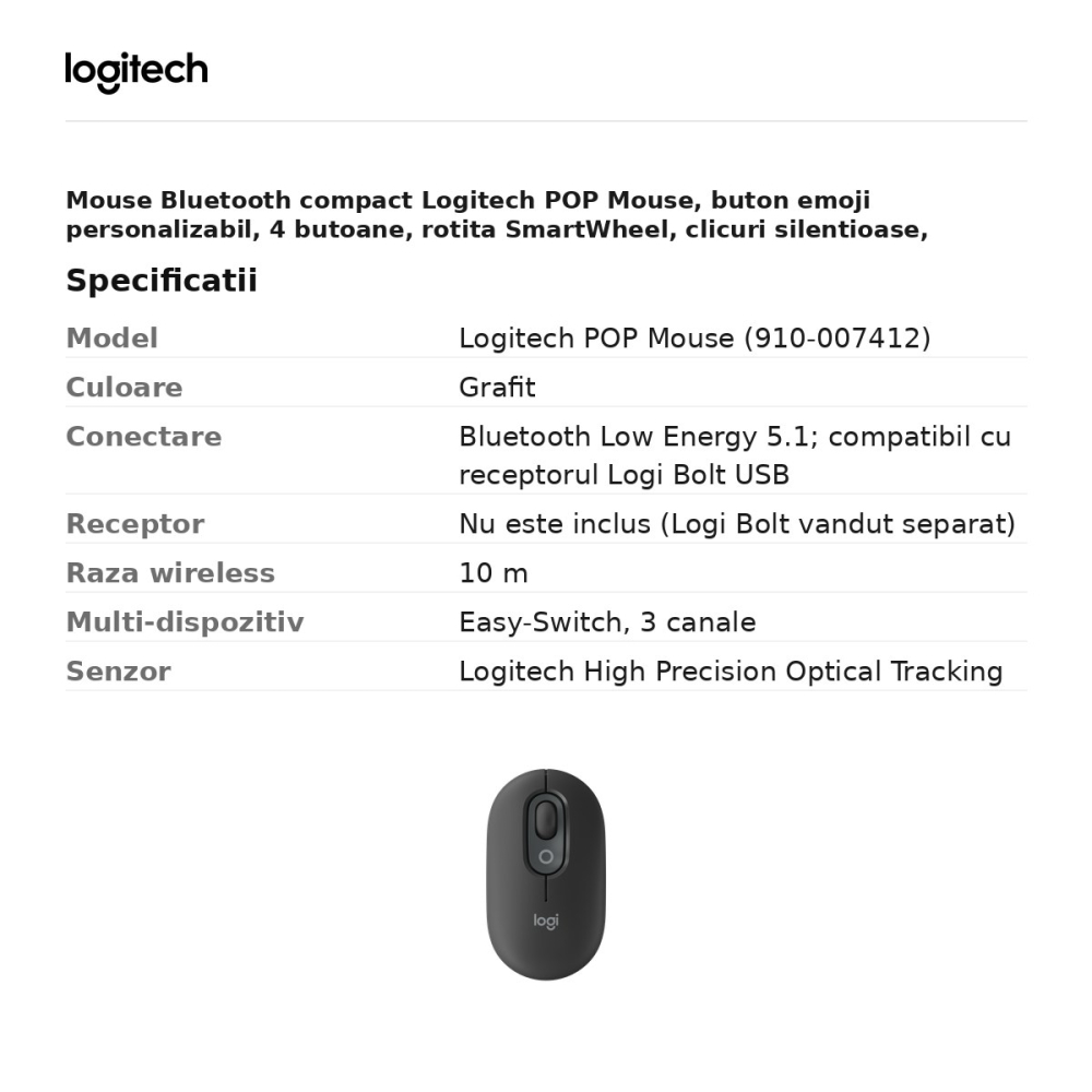 Mouse Bluetooth compact Logitech POP Mouse, buton emoji personalizabil, 4 butoane, rotita SmartWheel, clicuri silentioase, Easy-Switch 3 dispozitive, 1 baterie AA, grafit, 910-007412 [3]