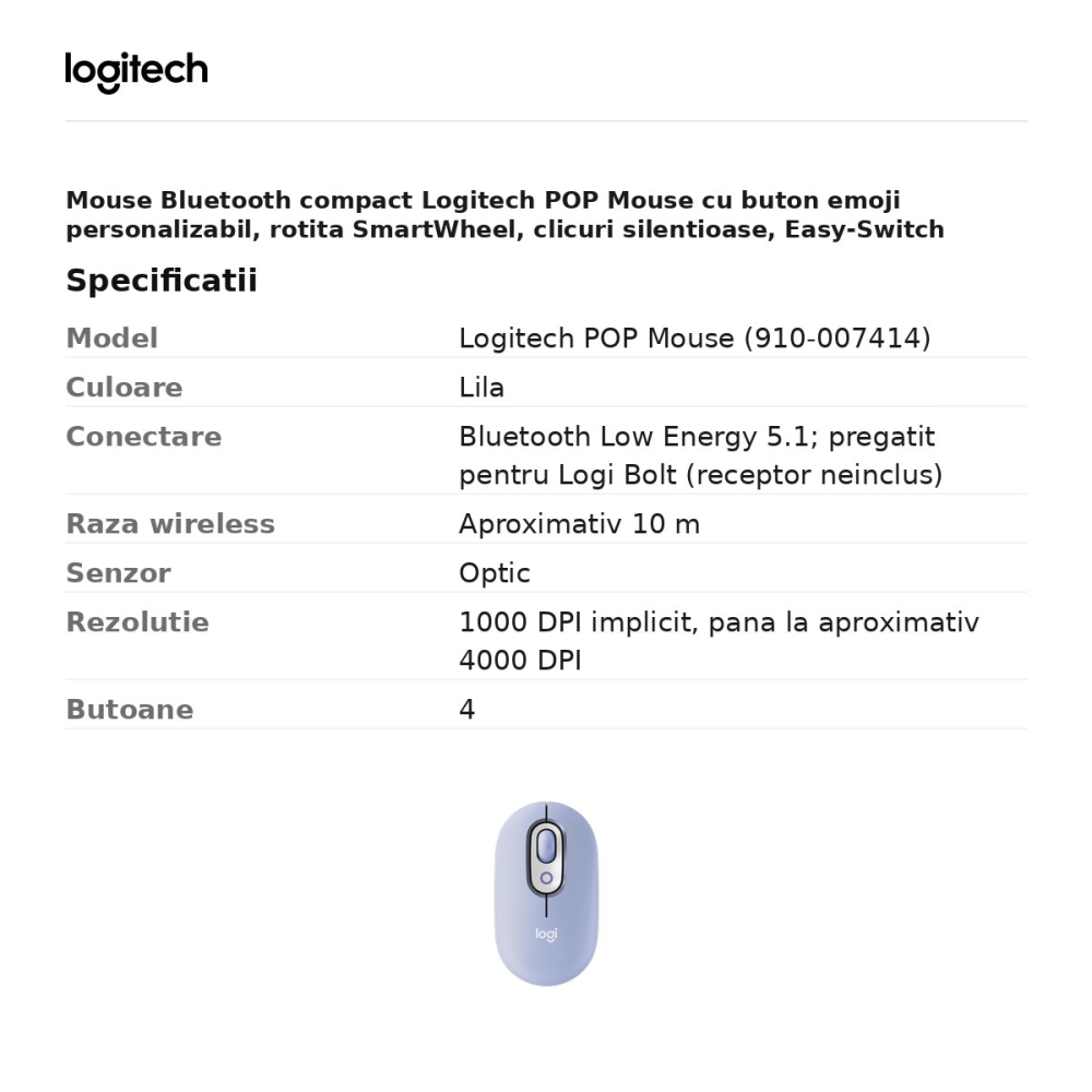 Mouse Bluetooth compact Logitech POP Mouse cu buton emoji personalizabil, clicuri silentioase, 4 butoane, Easy-Switch pentru 3 dispozitive, 1 baterie AA, lila, 910-007414 [3]