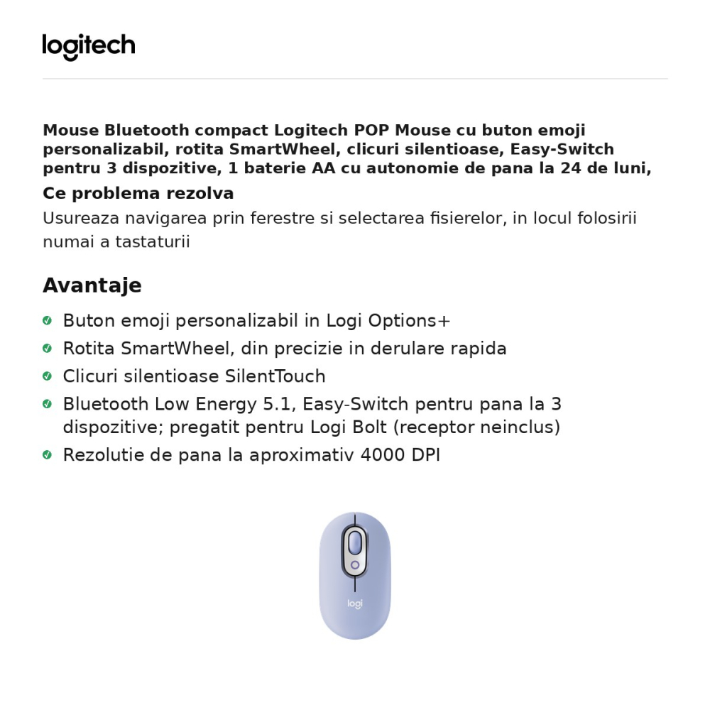 Mouse Bluetooth compact Logitech POP Mouse cu buton emoji personalizabil, clicuri silentioase, 4 butoane, Easy-Switch pentru 3 dispozitive, 1 baterie AA, lila, 910-007414 [2]