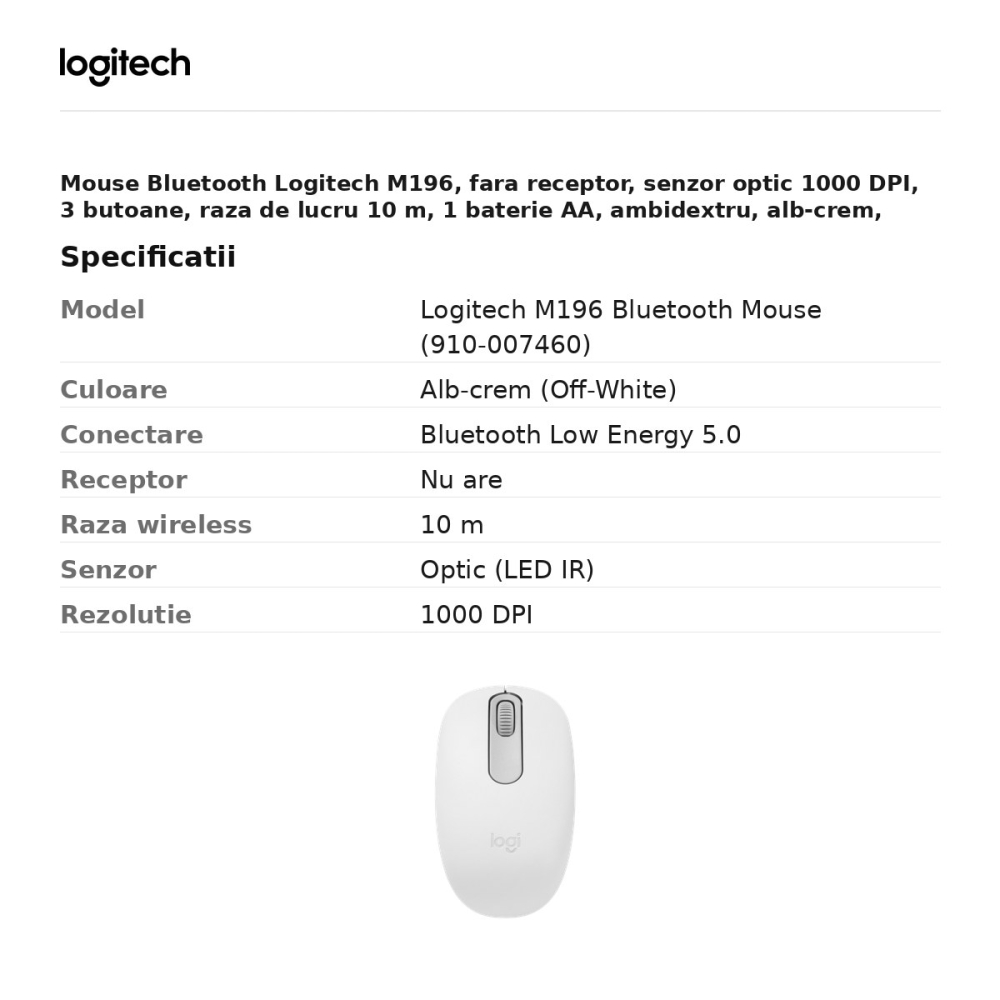 Mouse Bluetooth Logitech M196, fara receptor, senzor optic 1000 DPI, 3 butoane, raza de lucru 10 m, 1 baterie AA, ambidextru, alb-crem, 910-007460 [3]