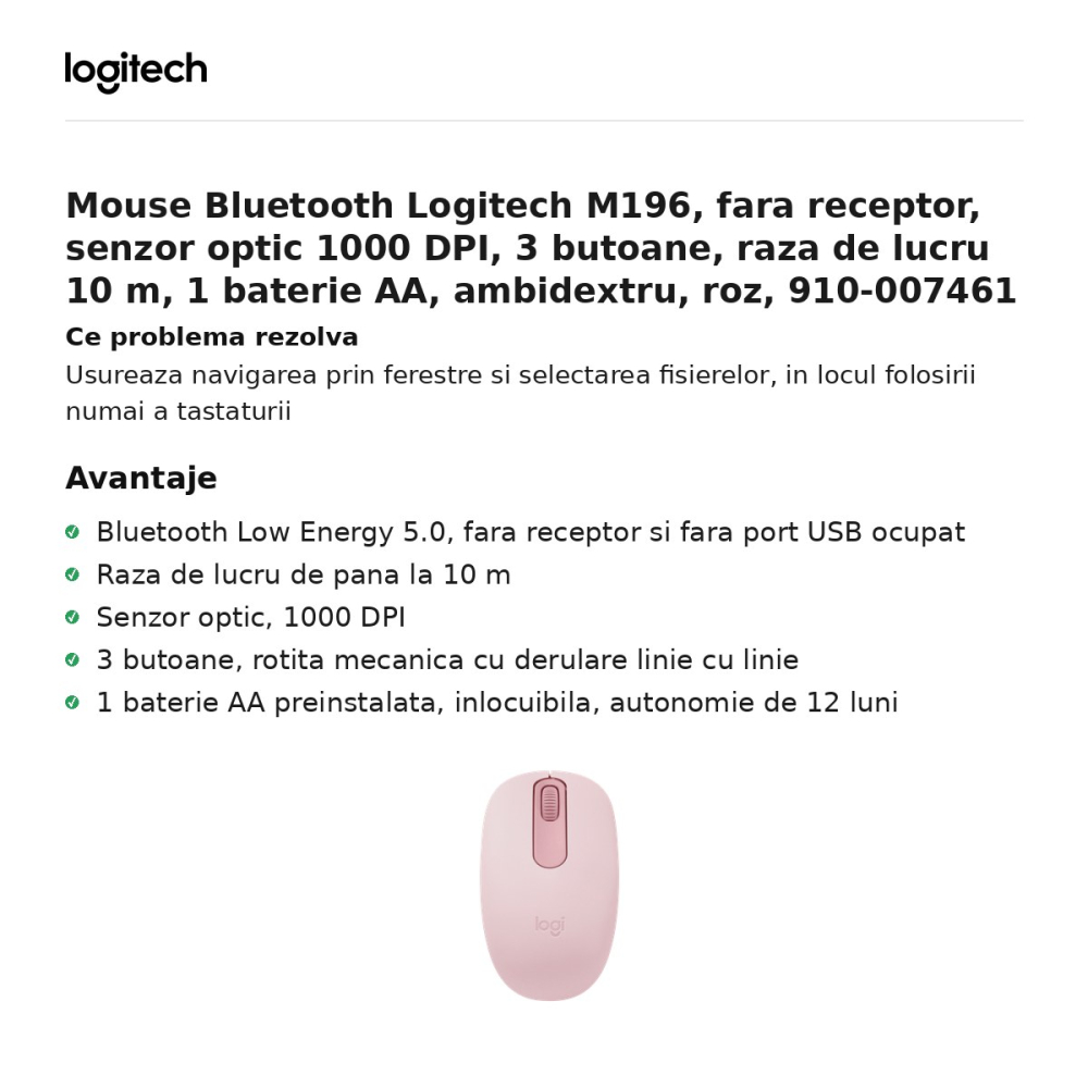 Mouse Bluetooth Logitech M196, fara receptor, senzor optic 1000 DPI, 3 butoane, raza de lucru 10 m, 1 baterie AA, ambidextru, roz, 910-007461 [2]