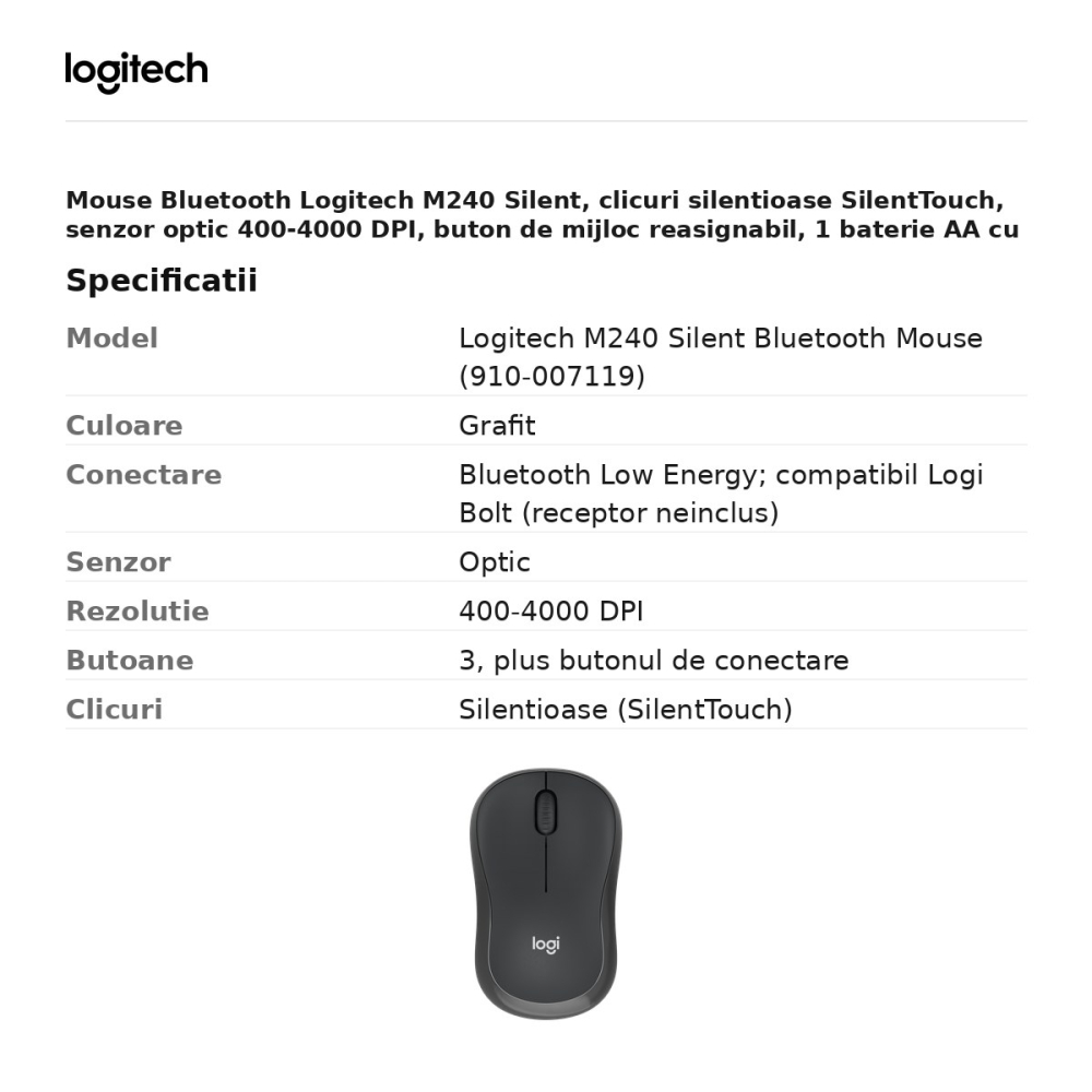 Mouse Bluetooth Logitech M240 Silent, clicuri silentioase SilentTouch, senzor optic 400-4000 DPI, 3 butoane, 1 baterie AA, forma ambidextra, gri grafit, 910-007119 [3]