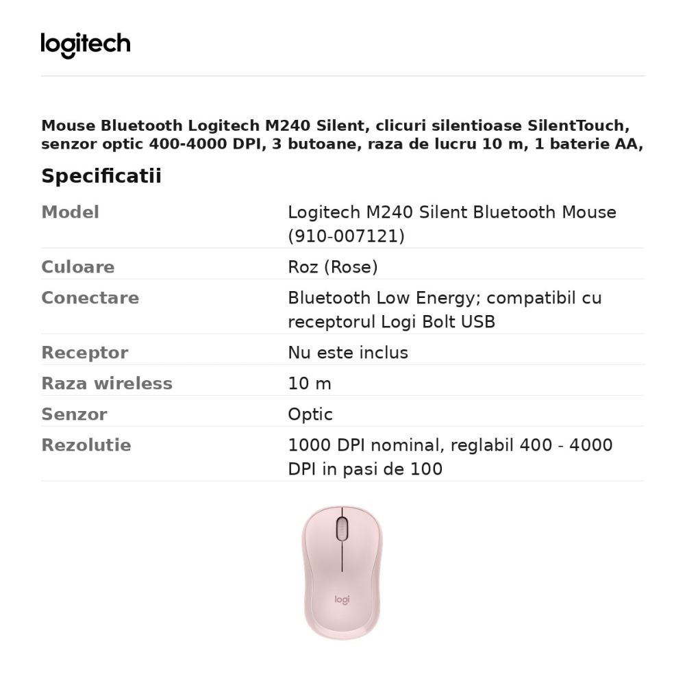 Mouse Bluetooth Logitech M240 Silent, clicuri silentioase SilentTouch, senzor optic 400-4000 DPI, 3 butoane, raza de lucru 10 m, 1 baterie AA, ambidextru, roz, 910-007121 [3]