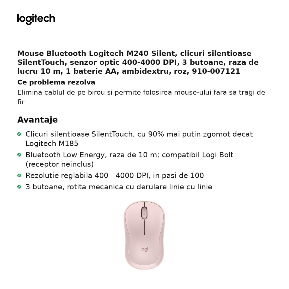 Mouse Bluetooth Logitech M240 Silent, clicuri silentioase SilentTouch, senzor optic 400-4000 DPI, 3 butoane, raza de lucru 10 m, 1 baterie AA, ambidextru, roz, 910-007121 [2]