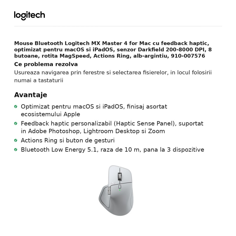 Mouse Bluetooth Logitech MX Master 4 for Mac cu feedback haptic, optimizat pentru macOS si iPadOS, senzor Darkfield 200-8000 DPI, 8 butoane, rotita MagSpeed, Actions Ring, alb-argintiu, 910-007576 [2]