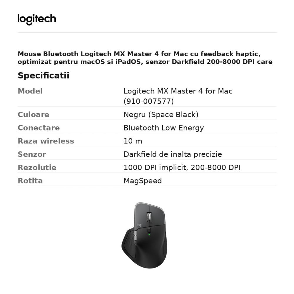 Mouse Bluetooth Logitech MX Master 4 for Mac cu feedback haptic, optimizat pentru macOS si iPadOS, senzor Darkfield 200-8000 DPI, 8 butoane, rotita MagSpeed, Actions Ring, negru, 910-007577 [3]