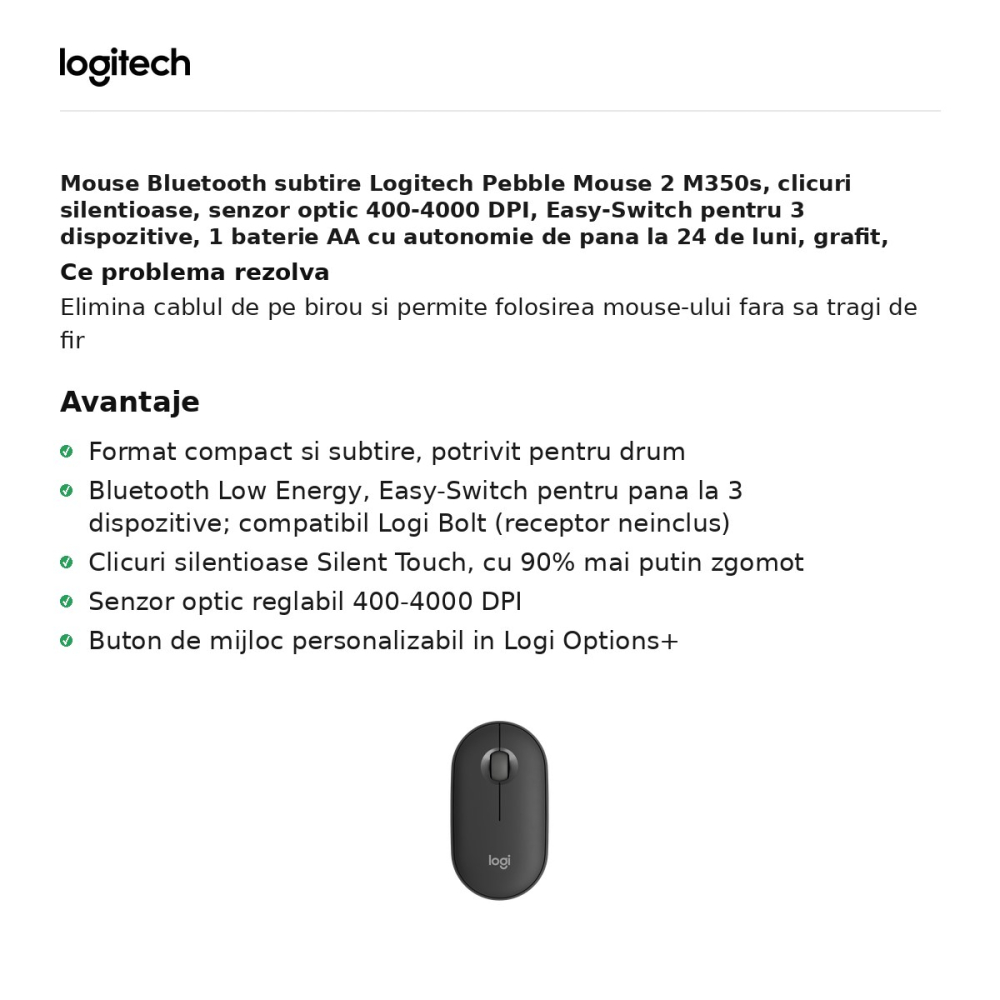 Mouse Bluetooth subtire Logitech Pebble Mouse 2 M350s, clicuri silentioase, 3 butoane, Easy-Switch pentru 3 dispozitive, 1 baterie AA, gri grafit, 910-007015 [2]