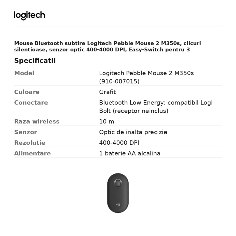Mouse Bluetooth subtire Logitech Pebble Mouse 2 M350s, clicuri silentioase, 3 butoane, Easy-Switch pentru 3 dispozitive, 1 baterie AA, gri grafit, 910-007015 [3]