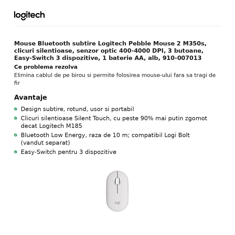 Mouse Bluetooth subtire Logitech Pebble Mouse 2 M350s, clicuri silentioase, senzor optic 400-4000 DPI, 3 butoane, Easy-Switch 3 dispozitive, 1 baterie AA, alb, 910-007013 [2]