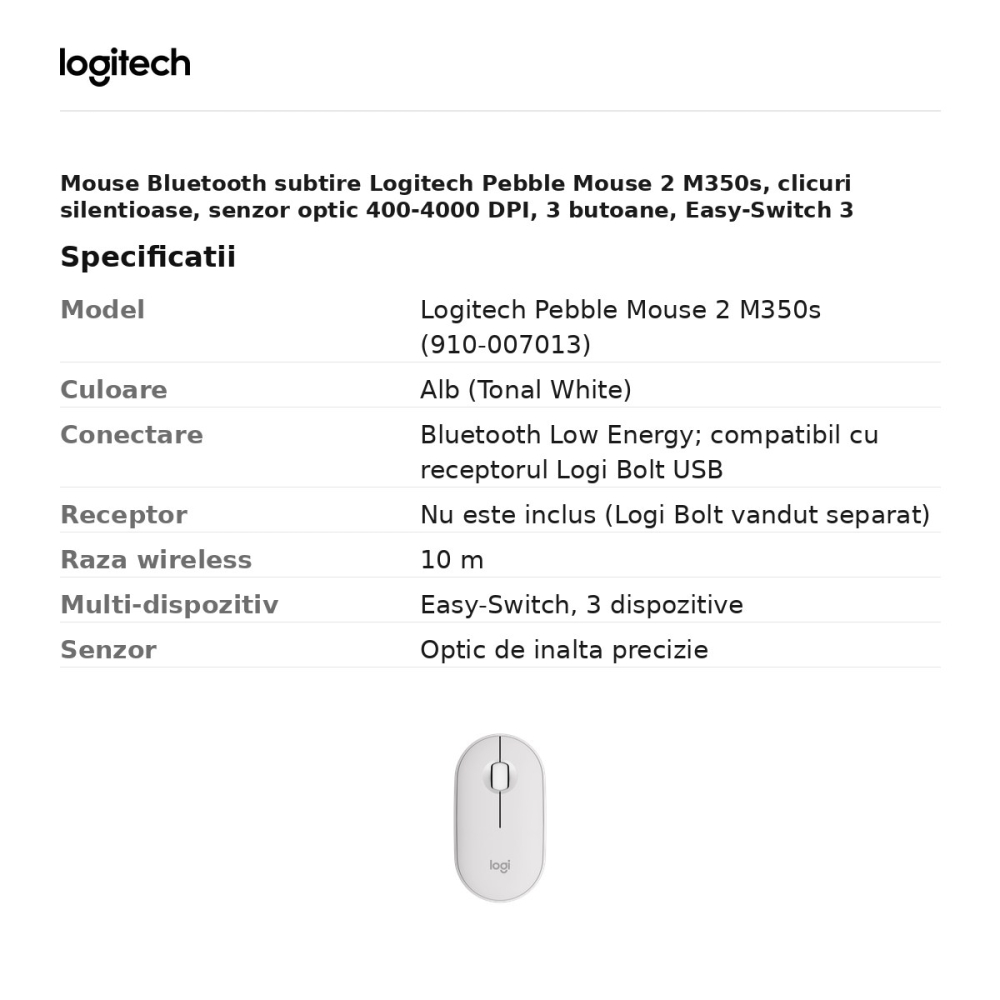 Mouse Bluetooth subtire Logitech Pebble Mouse 2 M350s, clicuri silentioase, senzor optic 400-4000 DPI, 3 butoane, Easy-Switch 3 dispozitive, 1 baterie AA, alb, 910-007013 [3]